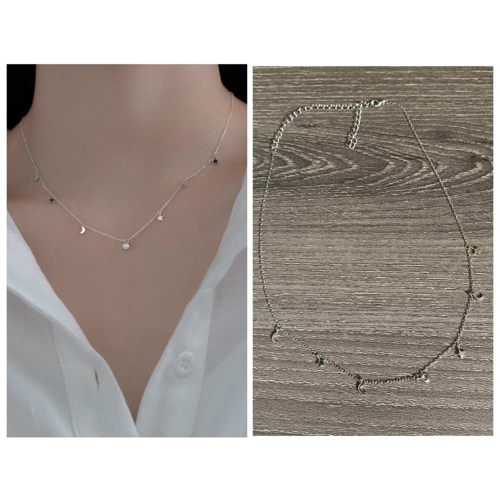 Sterling Silver 925 Minimalist Star Moon Necklace 26” Handmade House Celestial